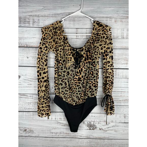 House of Harlow 1960 Tops - House of Harlow 1960 x Revolve Velvet Leopard Long Sleeve Off Shoulder Bodysuit